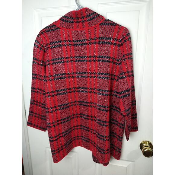 Christina Women's L Sweater Red Plaid Shimmer Pullon 3/4 Sleeve Cardigan - Picture 8 of 8